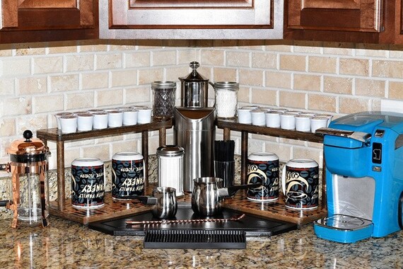 Kitchen Counter Shelf Coffee Organizer Counter Caddies™ BARISTA Theme  CORNER Shelf W/ K-CUP Holder Trash Can Insert 