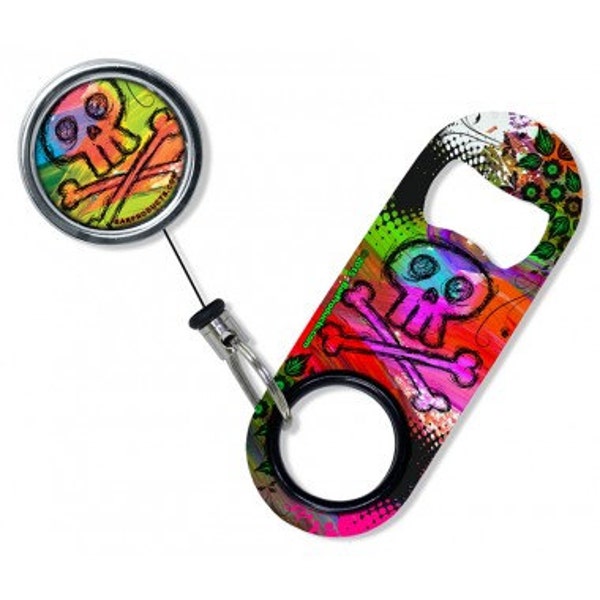 Colorful Skull and Crossbones - Mini Opener with Retractable Reel