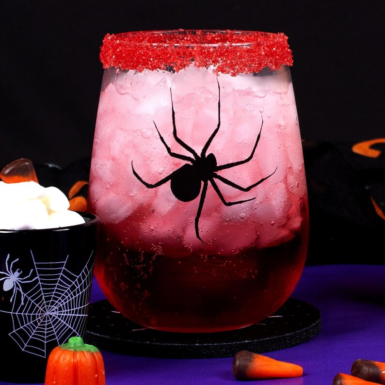 Halloween Wine Glass Spider Stemless Wine Glass 17oz Halloween Creepy Spider Wine Glasses image 2