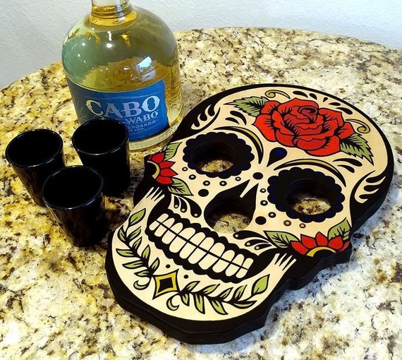 Shot Glass and Bottle Caddy Sugar Skull Rose Shot Glass Caddy Shot