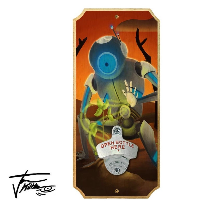 Wood Plaque Wall Mounted Bottle Opener A Robot Grows