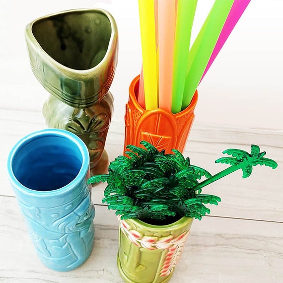Tiki Style Plastic Party Cups with Palm Tree Stir Sticks~Set of 4~Vibrant Colors 