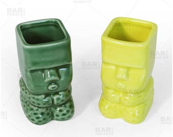 Cute Tiki Shots - Green / Yellow - TIKI DRINKWARE - Ceramic Tiki Mug / Shot (2oz)