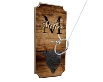 CUSTOMIZABLE Wall Mounted Ring Toss Game with Bottle Opener - Name Monogram