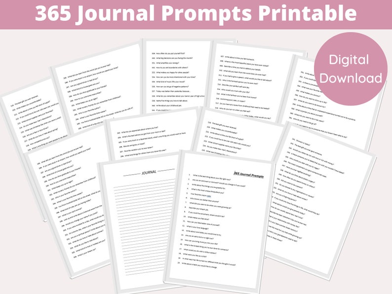 Op de afbeelding: Een printbare set van 365 dagboekprompts, ontworpen om je te helpen reflecteren op je leven en ervaringen. De prompts zijn georganiseerd op pagina's met een eenvoudig zwart-wit ontwerp. De tekst "365 Journal Prompts Printable" staat bovenaan de pagina. De tekst "Digitaal Downloaden" staat in een roze vak in de rechterbovenhoek van de pagina.