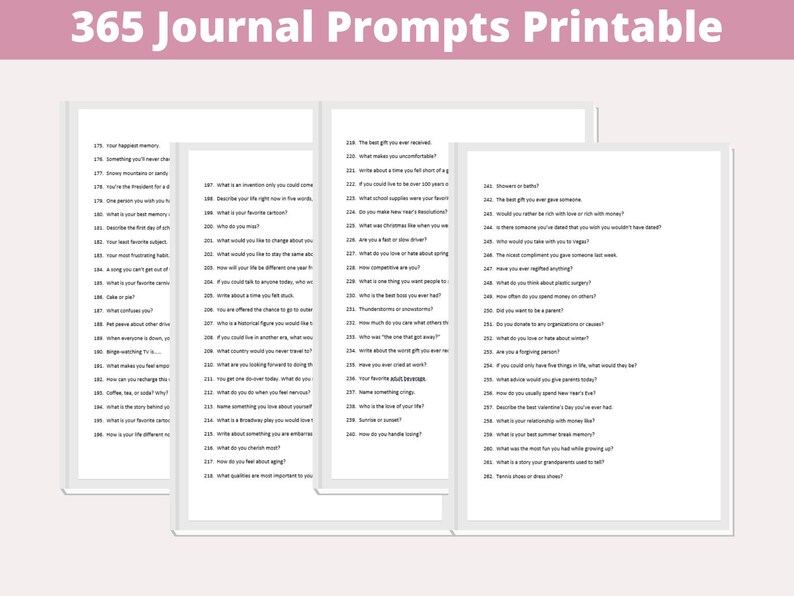 Op de afbeelding: Een printbaar dagboek met 365 prompts voor dagelijkse reflectie. De prompts zijn georganiseerd in drie kolommen op een witte achtergrond.