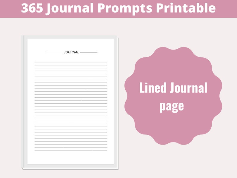 Op de afbeelding: Een bedrukte, gelinieerde journalpagina met de tekst "JOURNAL" bovenaan. De pagina is wit met zwarte lijnen. Een roze cirkel met de tekst "Lined Journal page" is op de achtergrond.