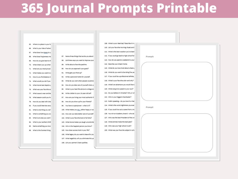 Op de afbeelding: Printbare journal prompts met 365 prompts voor zelfreflectie. De prompts zijn in kolommen op wit papier met een zwarte rand vermeld. Het papier bevindt zich op een witte achtergrond.