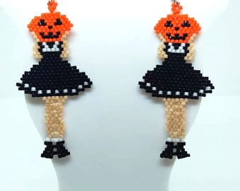 Handmade Beaded Pumpkin Girl Halloween Dangle Earrings