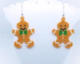 Handmade Beaded Gingerbread Man Christmas Dangle Earrings