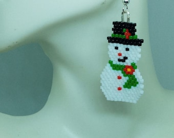 Handmade Beaded Snowman with Green Scarf Dangle Earrings