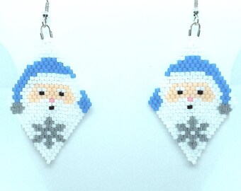 Handmade Beaded Blue Santa Hat Christmas Dangle Earrings