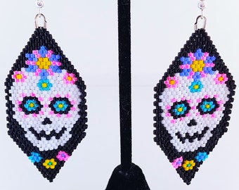 Handmade Beaded Sugar Skull Halloween Ladies Dangle Earrings with Flower