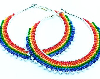 Rainbow Hoop Beaded Earrings, LGBTQ