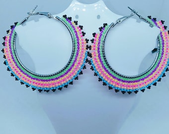 Beaded Neon Hoop Earrings