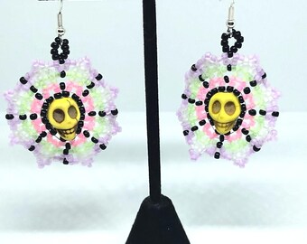 Beaded Yellow Skull Glow in the Dark Dangle Earrings