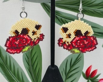 Handmade Beaded Sugar Skull with Rose Dangle Earrings