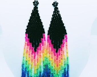 Handmade Rainbow Neon Fringe Dangle Earrings