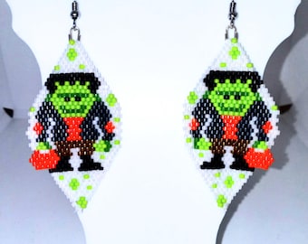 Diamond Shaped Handmade Beaded Frankenstein Dangle Earrings
