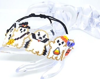 Handmade Beaded Ghost on Parade Halloween Bracelet