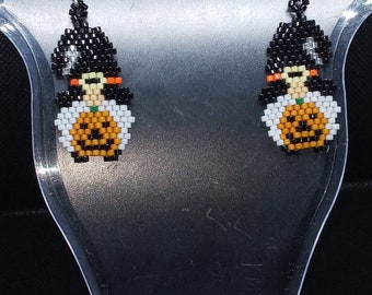 Handmade Beaded Halloween Pumpkin Gnome Earrings