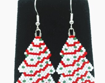 Handmade Beaded Christmas Tree Cookie Dangle Earrings