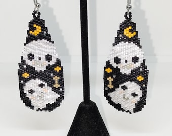 Handmade Beaded Ladies Halloween Ghost Dangle Earrings