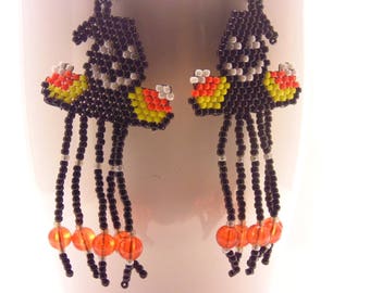 Handmade Beaded Black Ghost with Candy Corn Halloween Fringe Earrings