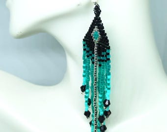 Handmade Beaded Emerald Feather Fringe Earrings
