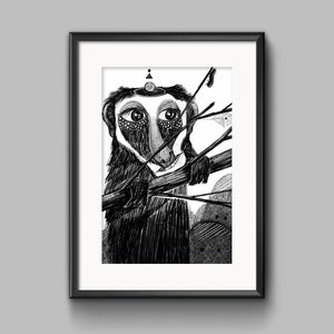 May include: A framed black and white ink drawing featuring a creature with large, textured eyes and a long snout, holding onto thin branches. Above the creature's head is a small circle and triangle symbol, with a spider web visible in the background.