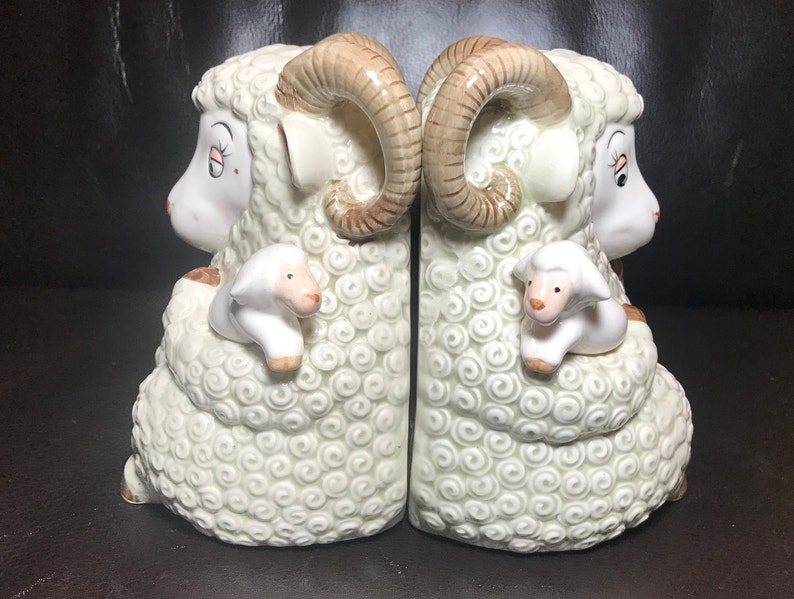 Vintage QQ QQuon-Quon made in Japan Ram Sheep Ewe Bookends Ceramic