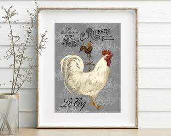 Modern Farmhouse Decor Kitchen Wall Art, French Country Rooster Decor