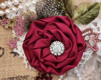 Vintage Style Pin, Floral Posy Brooch, Shabby Chic Rose, Pin, Burgundy Flower Brooch