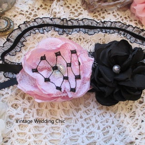 Pink Black Headband, Shabby Chic Headband, Fabric Flowers, Toddler Girl Headband
