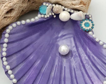 Seashell Ring Dish, Mermaid Gift, Trinket Tray, Purple Ring Holder, Rhinestones, Pearls Seashells