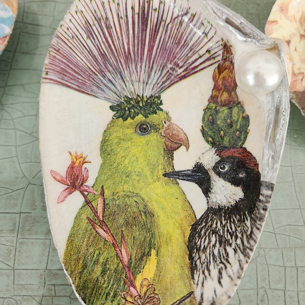 Large Clam Shell, Bird Decoupage Dish, Trinket Dish, Father's Day, Home Decor