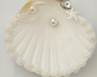 Seashell Ring Dish, Mermaid Gift, Trinket Tray, White Ring Holder