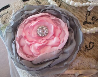 Bridal Flower Brooch/Corsage, Pink Gray Wedding Corsage, Floral Posy Pin, Corsage Pin, Shabby Chic Brooch