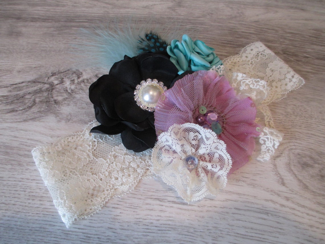 Lavender Teal Black Flower Feathers Headband Couture - Etsy