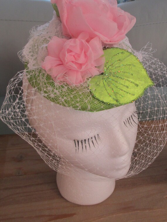 Pink & Green Fascinator Hat Women's Veil Flower Etsy