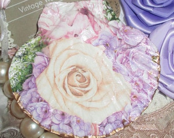Shabby Rose, Decoupage Scallop Shell, Ring  Dish,  Trinket Dish,  Seashell Art, Pink Rose Décor