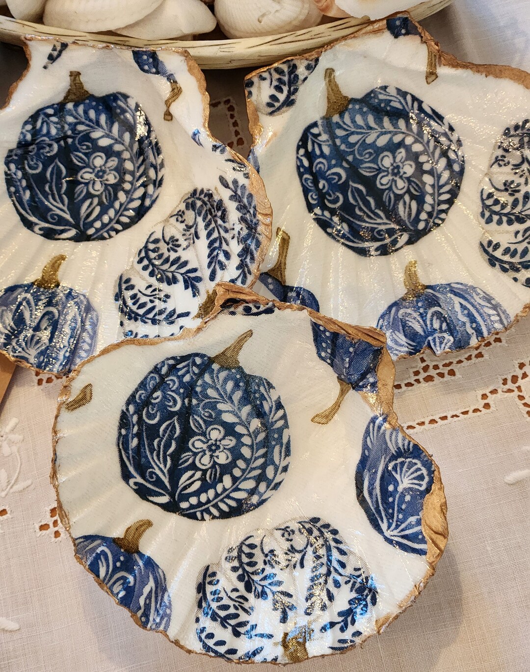 Blue and White Pumpkin Seashell, Decoupage, Scallop Trinket Dish ...