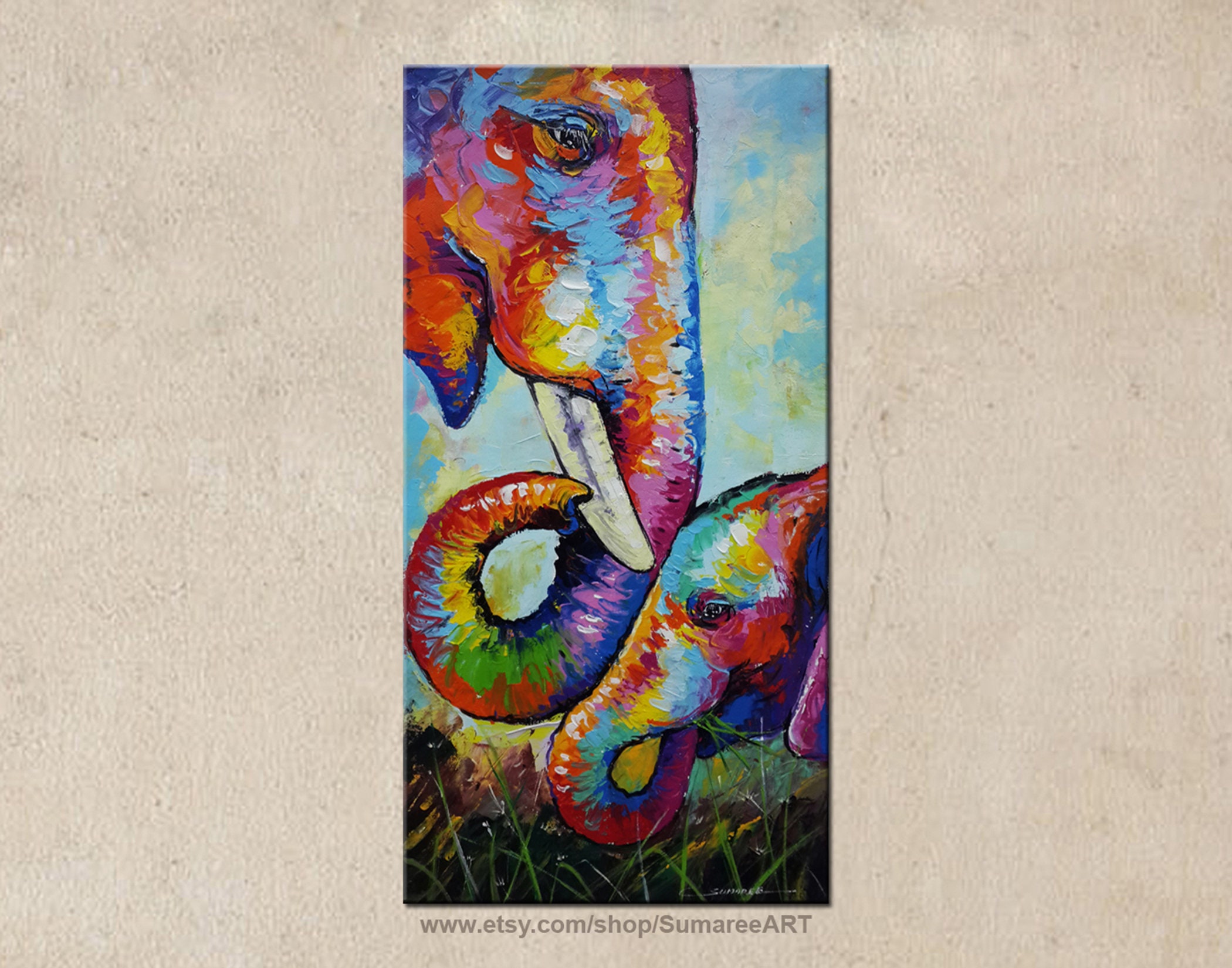 Colorful Elephant Painting On Canvas Etsy