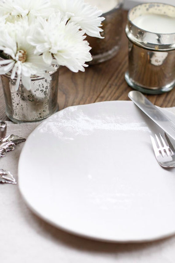 Items similar to Handmade White Ceramic Plate with Linen Texture on Etsy
