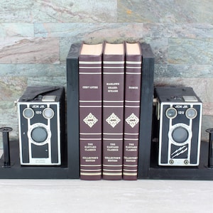 Vintage Art Deco Camera Bookends, JEM Junior 120 Box Camera, DVD Holder, Movie Room Décor, Book Lover, Vintage photographer Gift image 1