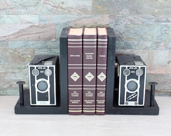 Vintage Art Deco Camera Bookends, JEM Junior 120 Box Camera, DVD Holder, Movie Room Décor, Book Lover, Vintage photographer Gift