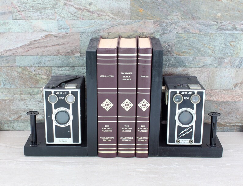 Vintage Art Deco Camera Bookends, JEM Junior 120 Box Camera, DVD Holder, Movie Room Décor, Book Lover, Vintage photographer Gift image 1