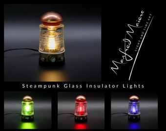 Steampunk Vintage Glass Insulator Lamp, PLA Base, PYREX C17, Industrial Lighting, Man Cave Deco, Neo Victorian Lamp design, Cyberpunk Lamp