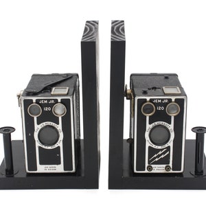 Vintage Art Deco Camera Bookends, JEM Junior 120 Box Camera, DVD Holder, Movie Room Décor, Book Lover, Vintage photographer Gift image 2