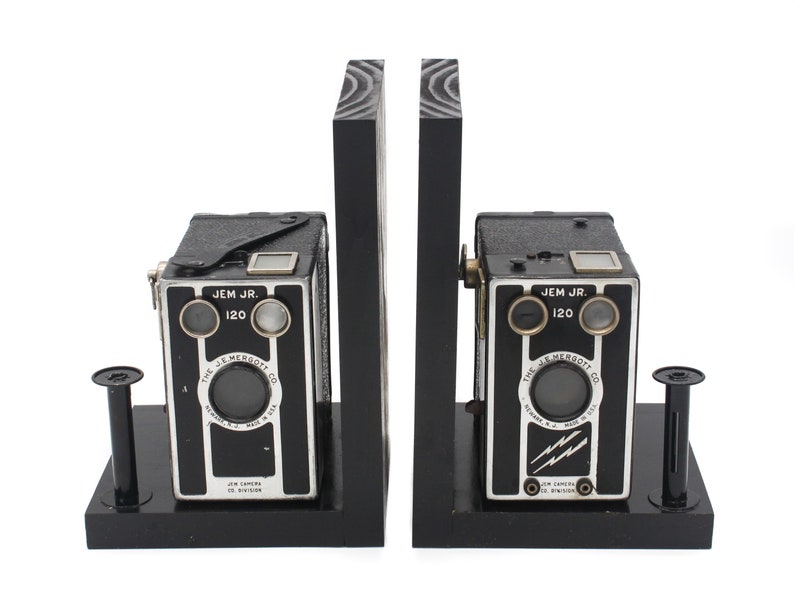 Vintage Art Deco Camera Bookends, JEM Junior 120 Box Camera, DVD Holder, Movie Room Décor, Book Lover, Vintage photographer Gift image 2